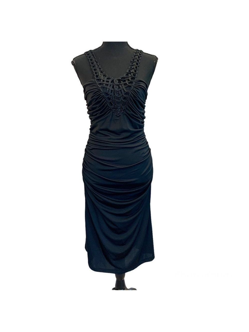 Black ruched crochet lace evening cocktail dress Sz M